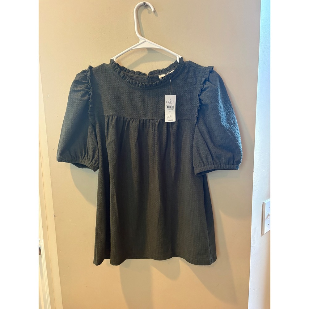 Loft Outlet Dark Green Textured Ruffle Neck Puff Sleeve Blouse XS NWT 37119348